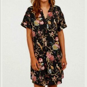 CP&J Baker H&M Shirt Shift Dress Peacock Floral Tunic Long Sleeve Button Boho